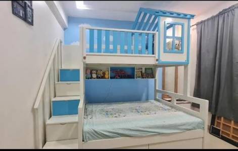 Wooden bunk bed with staircase
